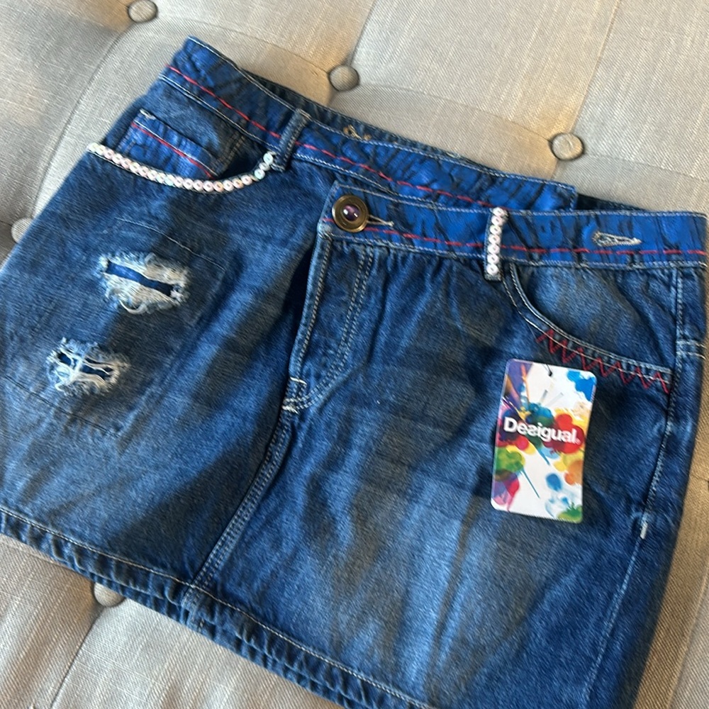NWT Desigual‎ Criss Cross Denim Skirt with Embellishments Size 38 - Picture 3 of 7
